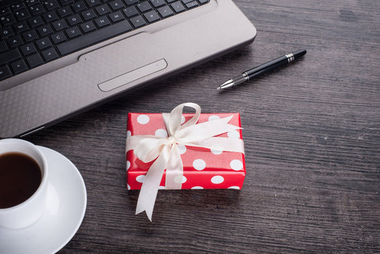 wrapped gift on a desk