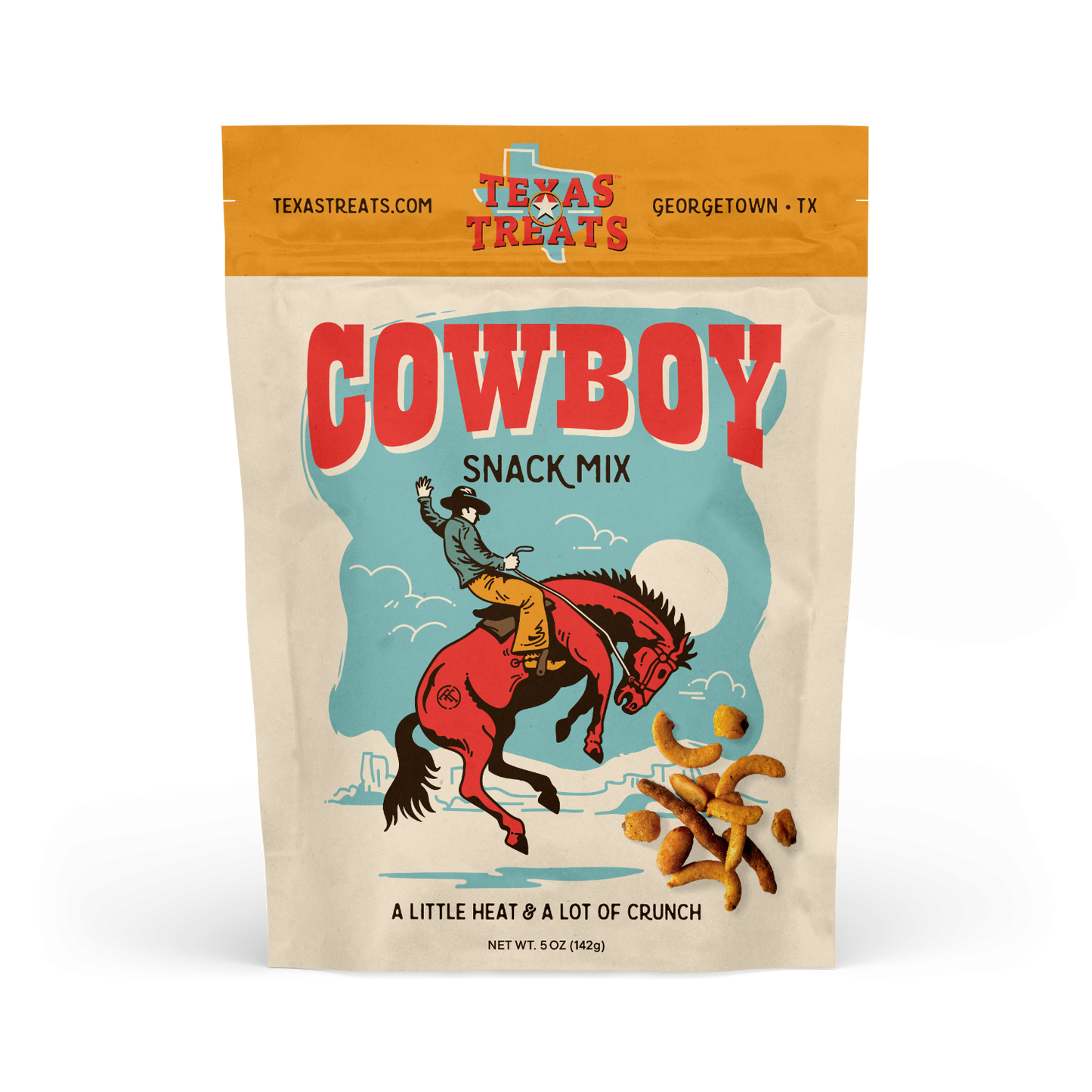 Cowboy snack mix of spicy Cajun corn sticks, roasted Cajun peanuts, toasted corn, and sesame cheddar stick