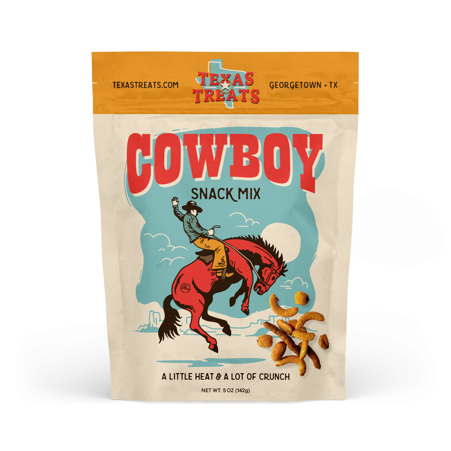 Cowboy snack mix of spicy Cajun corn sticks, roasted Cajun peanuts, toasted corn, and sesame cheddar stick