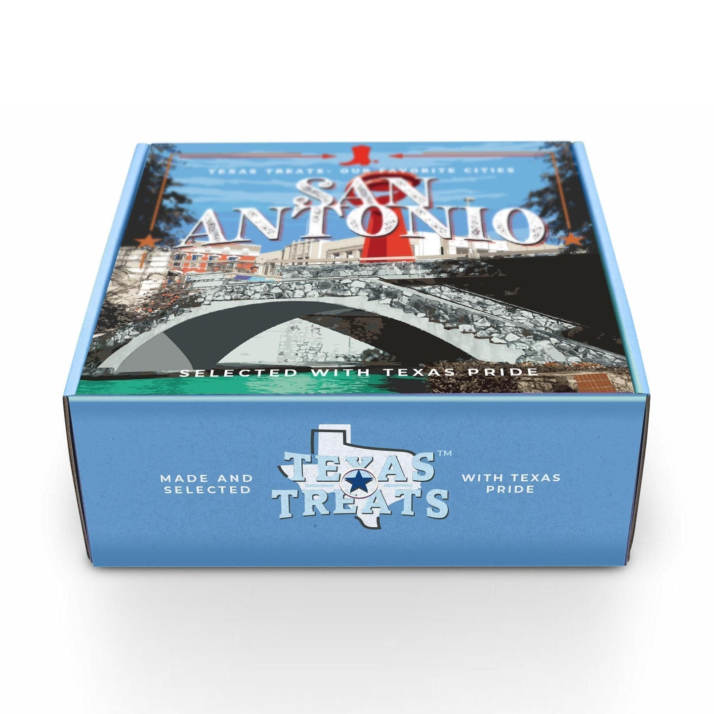 View of Texas Treats' San Antonio gift box, viewed from the top.