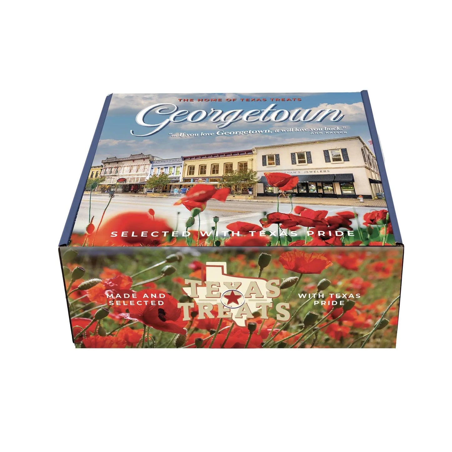 Slanted image of Texas Treats' Georgetown box, a custom gift box.