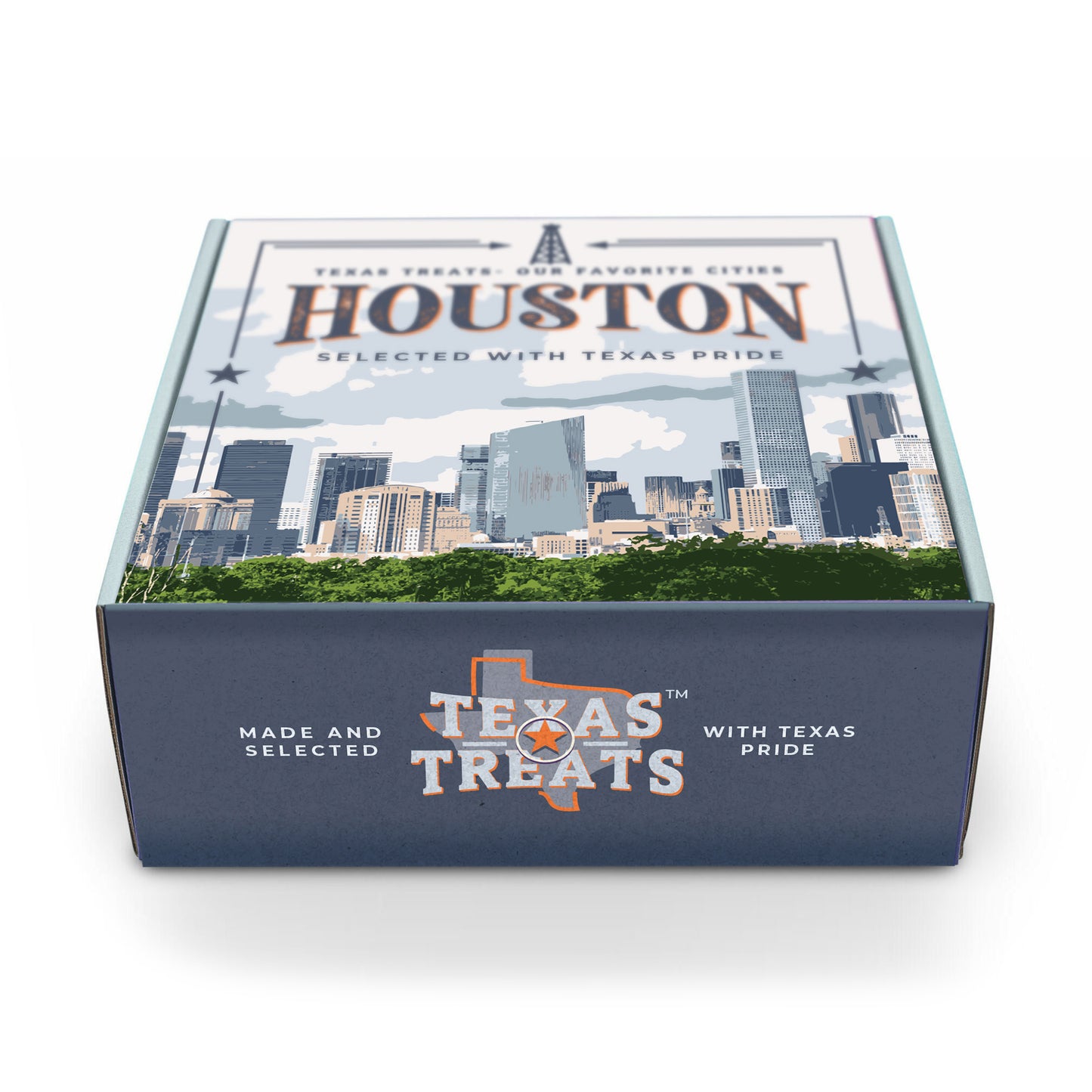 Slanted image of Texas Treats' Houston box, a custom gift box.