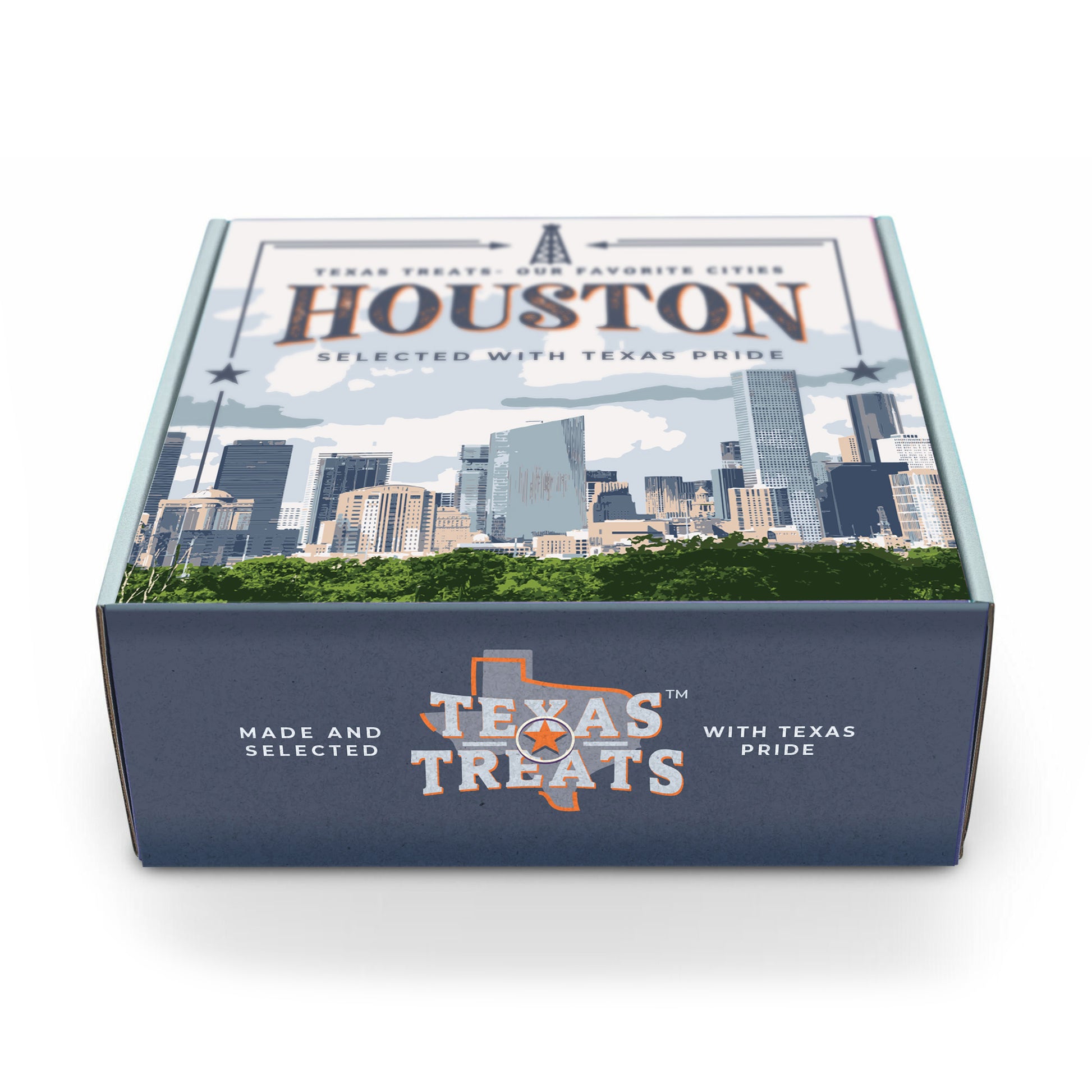 Slanted image of Texas Treats' Houston box, a custom gift box.