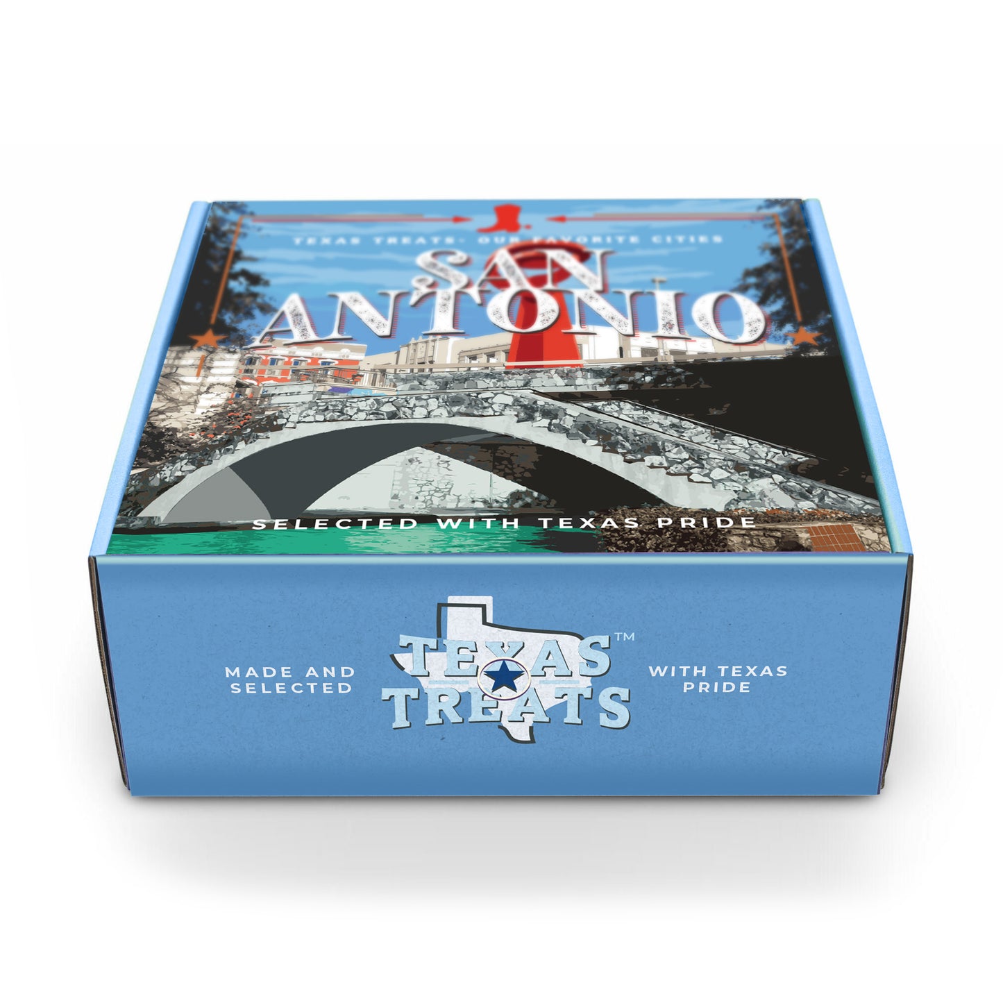 Slanted image of Texas Treats' San Antonio box, a custom gift box.