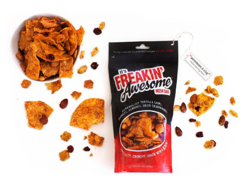Front of package of one of Texas Treats' food gifts – the Freakin' Awesome Nosh Bag.