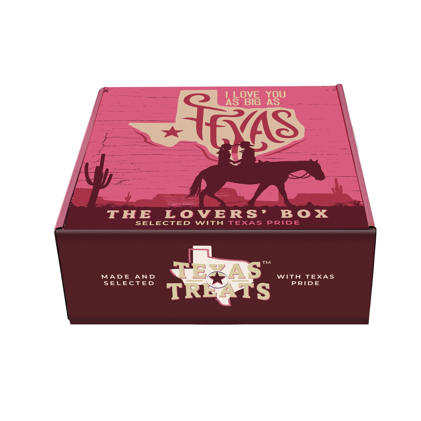 Slanted image of Texas Treats' Lovers box, a custom gift box.
