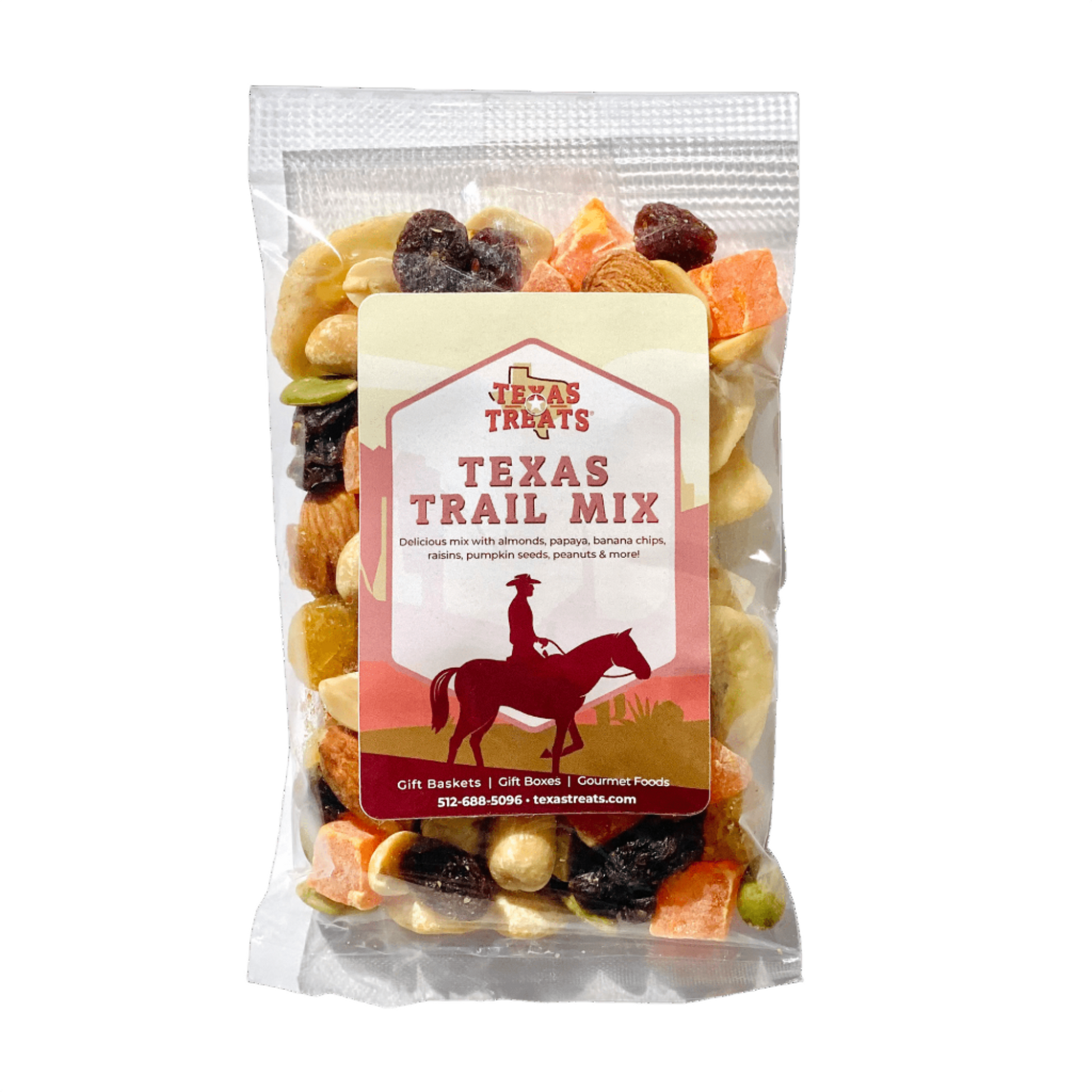 package of Trail Mix that caintains unsalted pumpkin kernels, unsalted peanuts and banana chips.