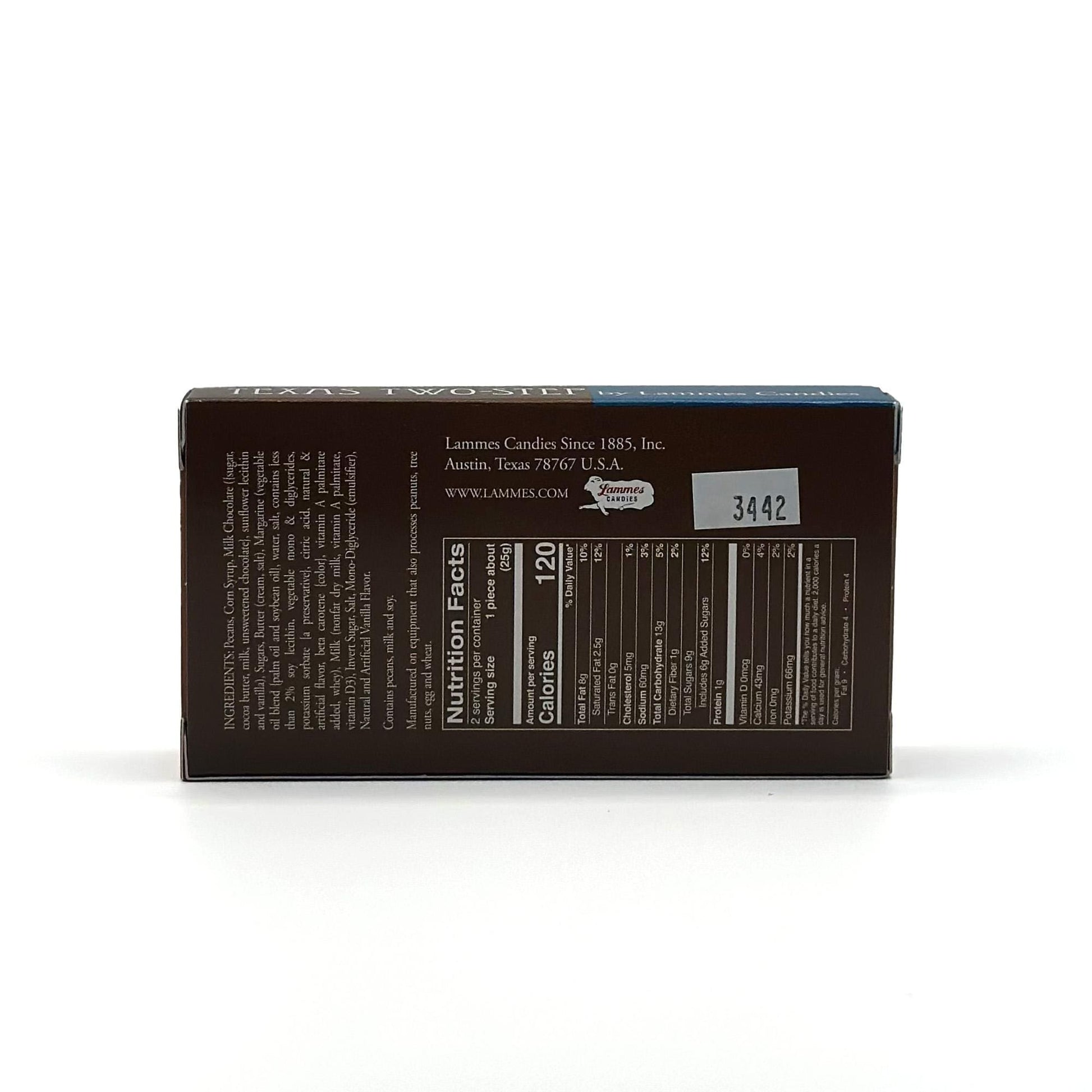 Back of the box of Lammes Texas Two-Step chocolates, available to buy online.