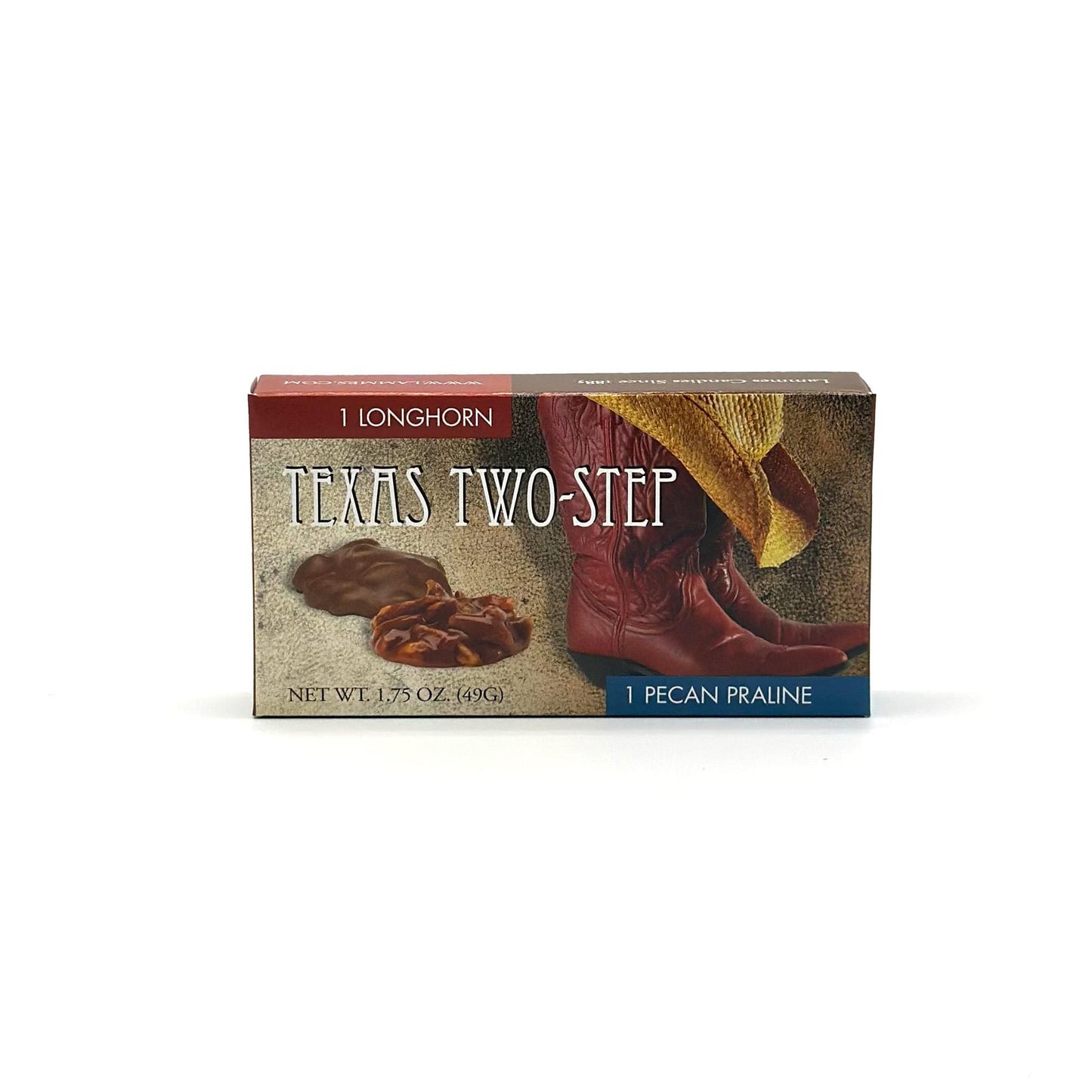 Front of the box of Lammes Texas Two-Step chocolates, available to buy online.