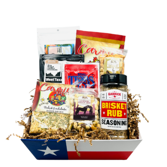 Products included in the Big Bit of Texas Basket, a custom gift basket sold by Texas Treats.