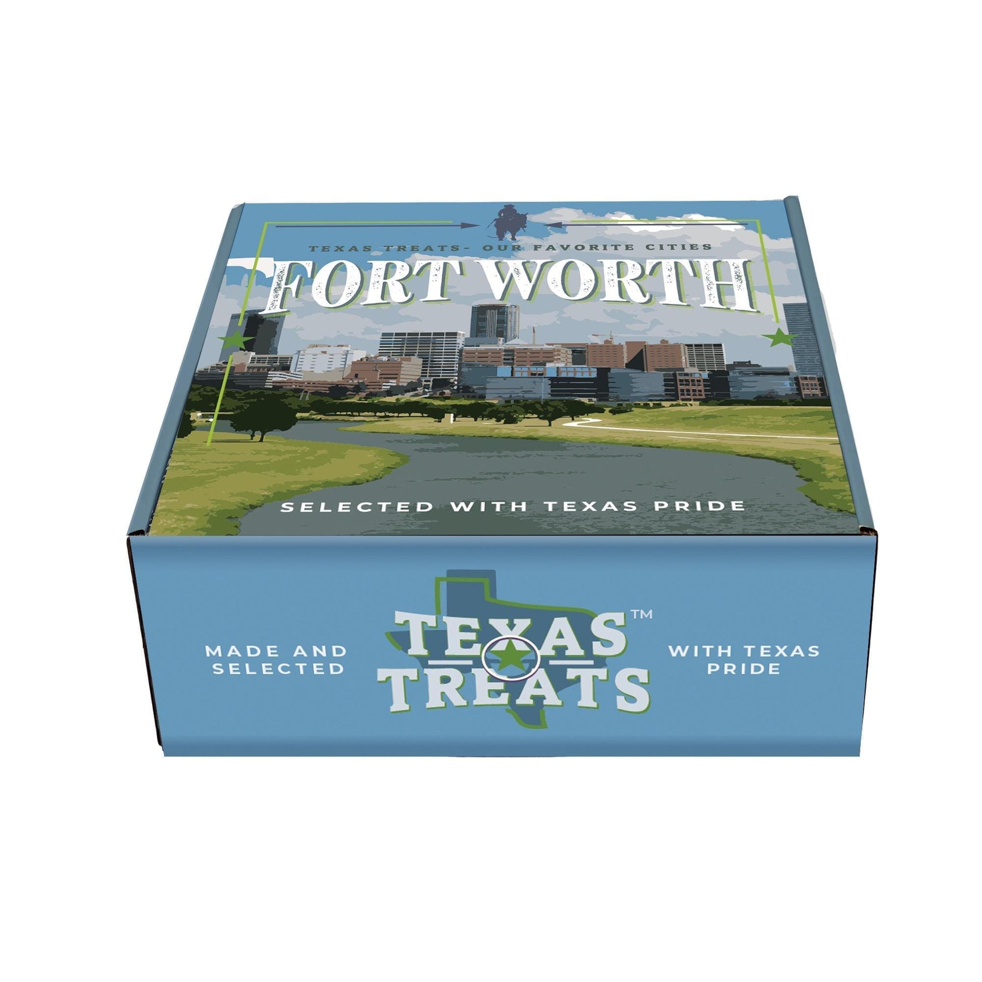 Slanted image of Texas Treats' Fort Worth box, a custom gift box.