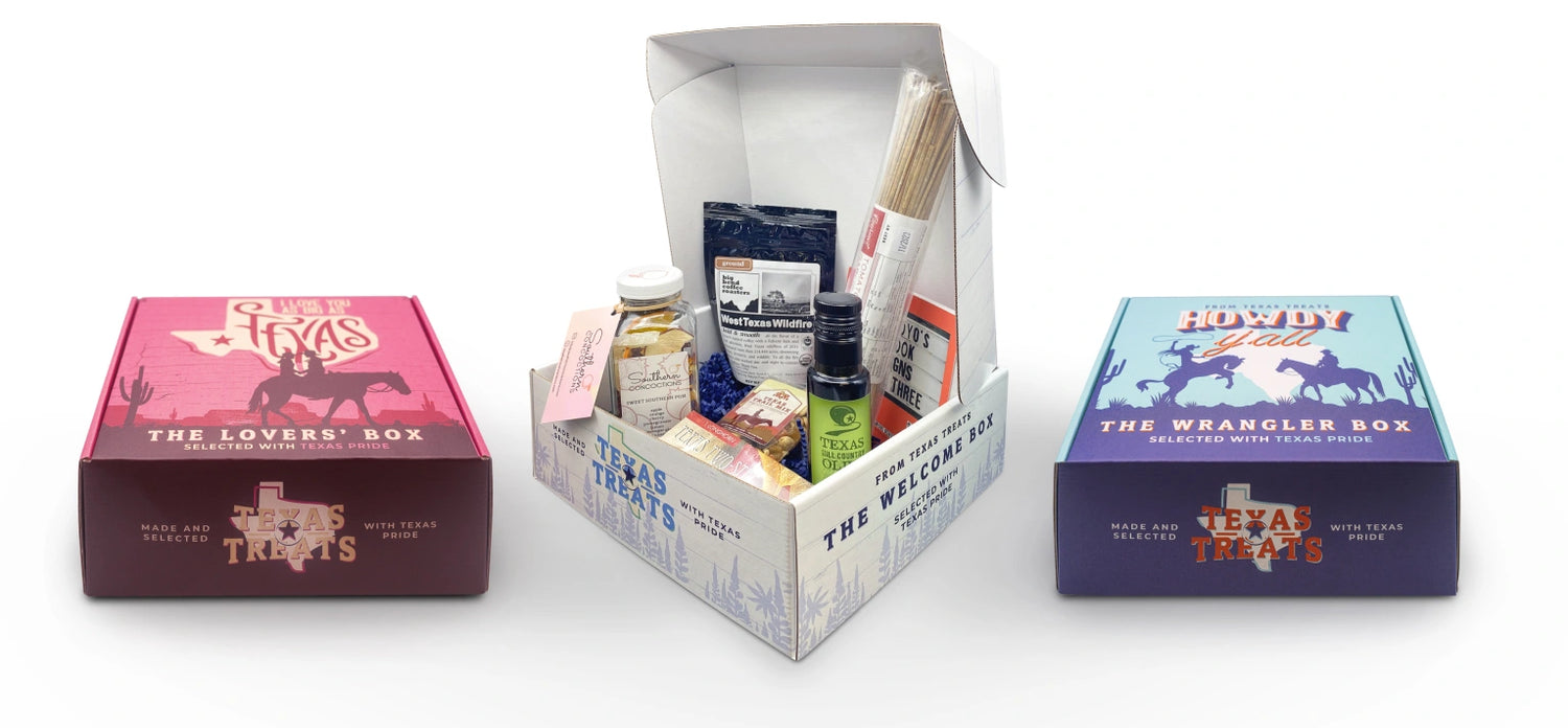Three Texas Treats custom gift boxes – Lovers', Welcome, and Wrangler.