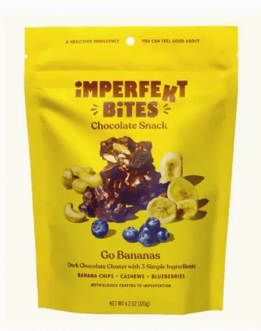 Imperfekt Bites chocolate snack with bananas and blueberries – include in a custom gift box today.