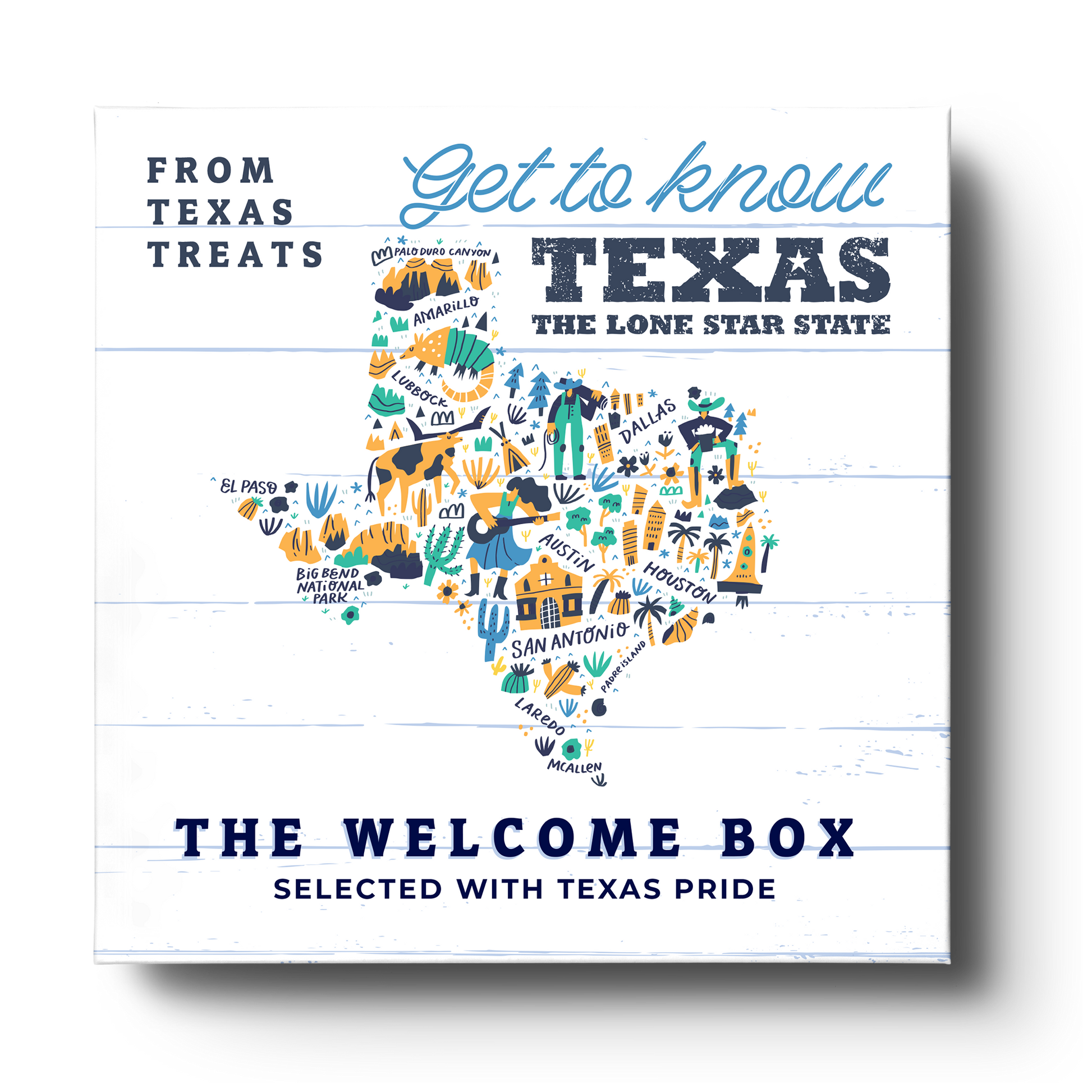 View of Texas Treats' Welcome gift box, viewed from the top.