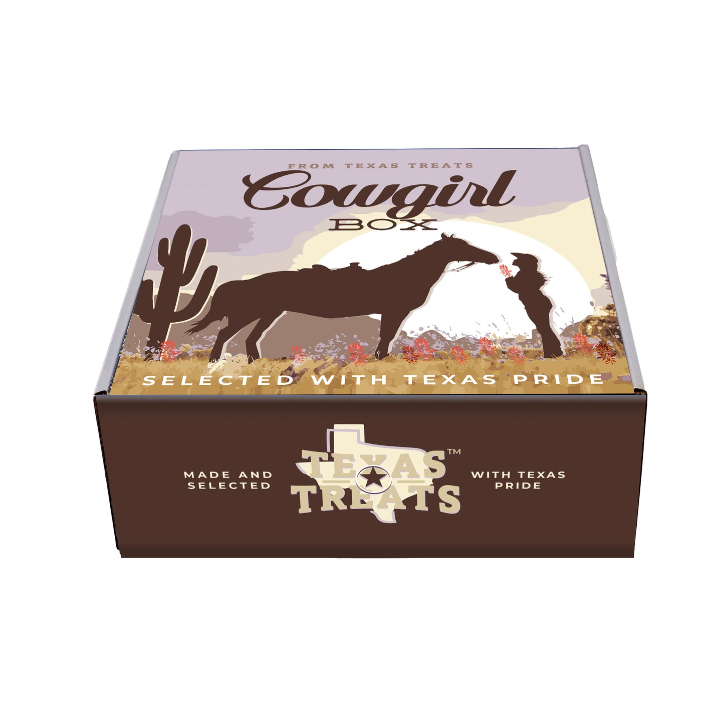 Slanted image of Texas Treats' Cowgirl box, a custom gift box.