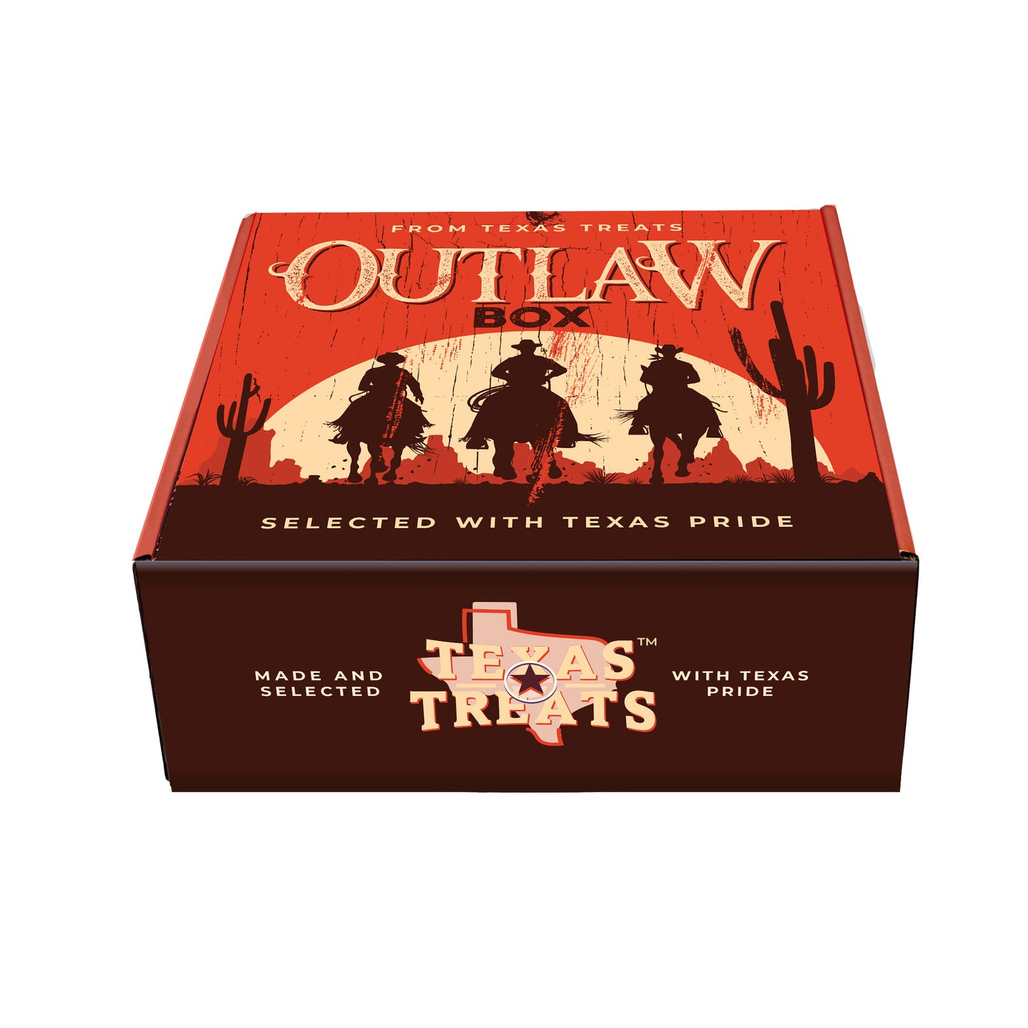 Slanted image of Texas Treats' Outlaw box, a custom gift box.