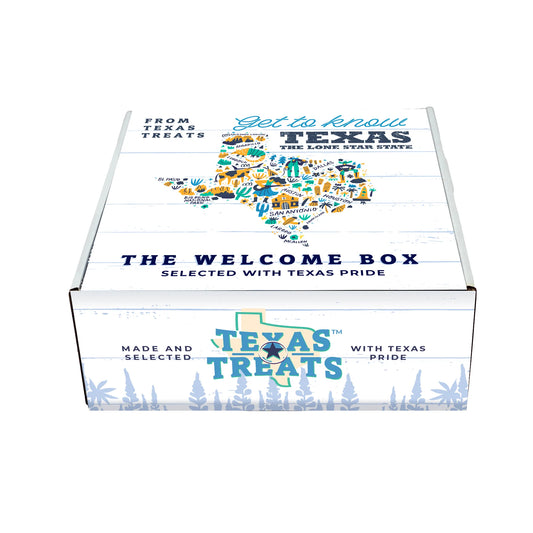 Slanted image of Texas Treats' Welcome box, a custom gift box.