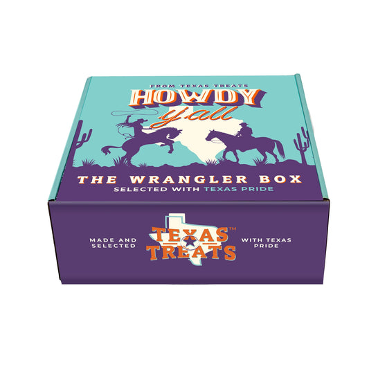 Slanted image of Texas Treats' Wrangler box, a custom gift box.