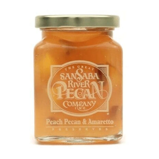 Jar of San Saba River Pecan Company peach, pecan, and amaretto jam.