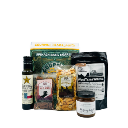 Products included in the Taste of Texas Basket, a custom gift basket sold by Texas Treats.