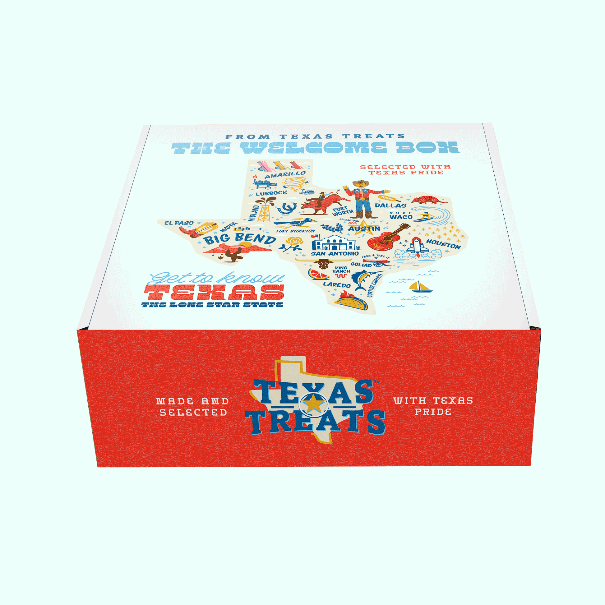 Rotating view of the Texas Treats Welcome gift box