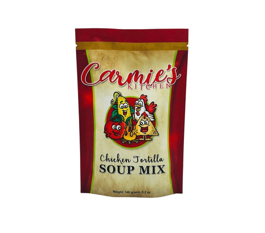 Front of the package of Carmies tortilla soup mix – add it to a custom gift box today.