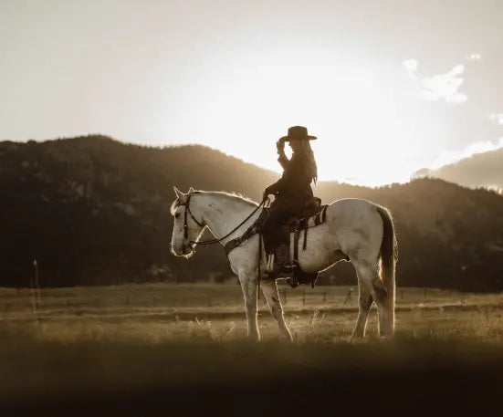 A woman riding a white horse tips her hat away from the camera into the sunrise.