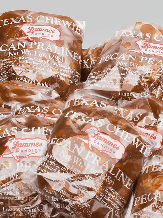 Several, individually-packaged Lammes Chewie Pralines.
