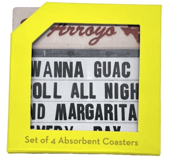 Set of four coasters decorated with iconic El Arroyo signs.