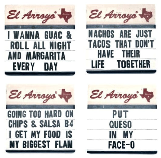 Set of four El Arroyo coasters with various sayings.