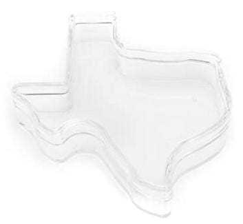 Photo of a large, clear plastic container in the shape of Texas.