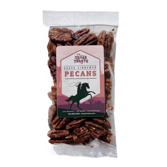 Front of package of Texas Treats' sugar cinnamon pecans.