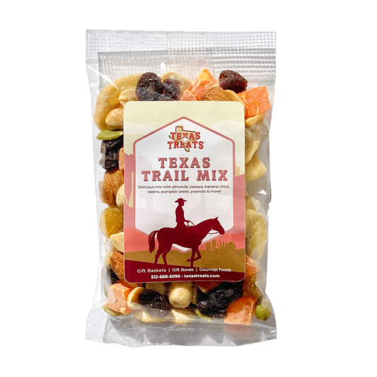 Front of package of Texas Treats' Trail Mix.