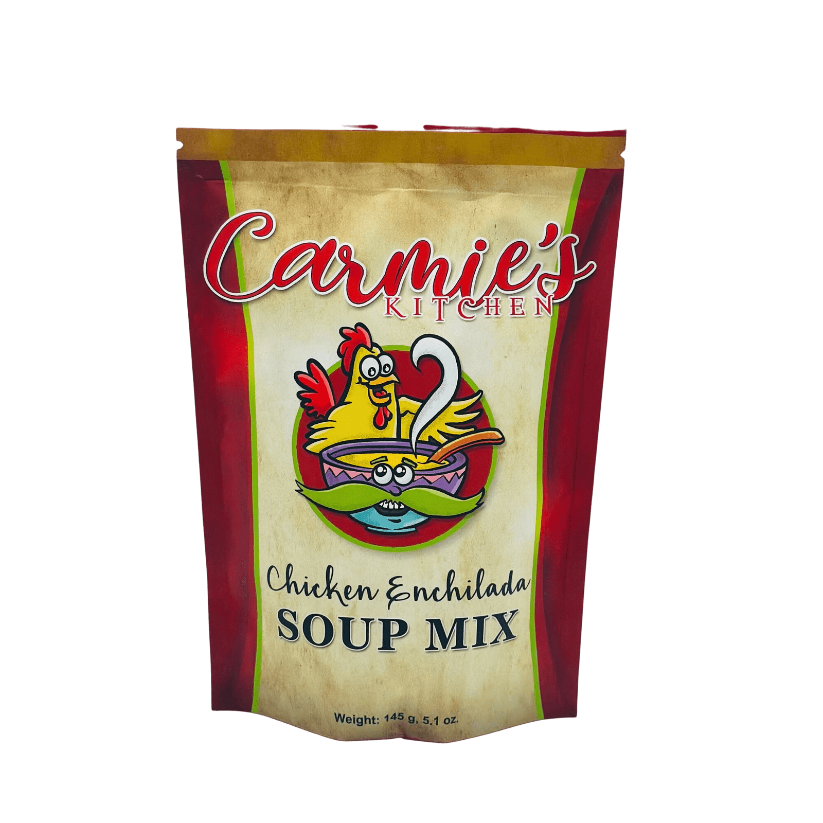 Front of the package of Carmies chicken enchilada dip mix – add it to a custom gift box today.