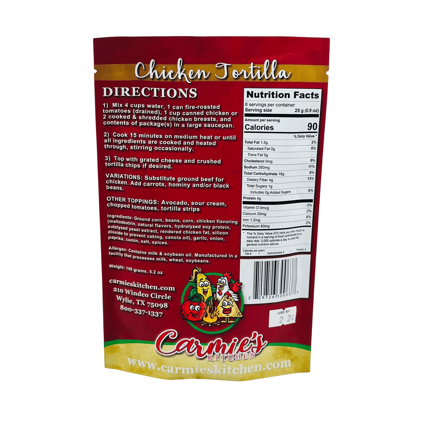 Back of the package of Carmies tortilla soup mix – add it to a custom gift box today.