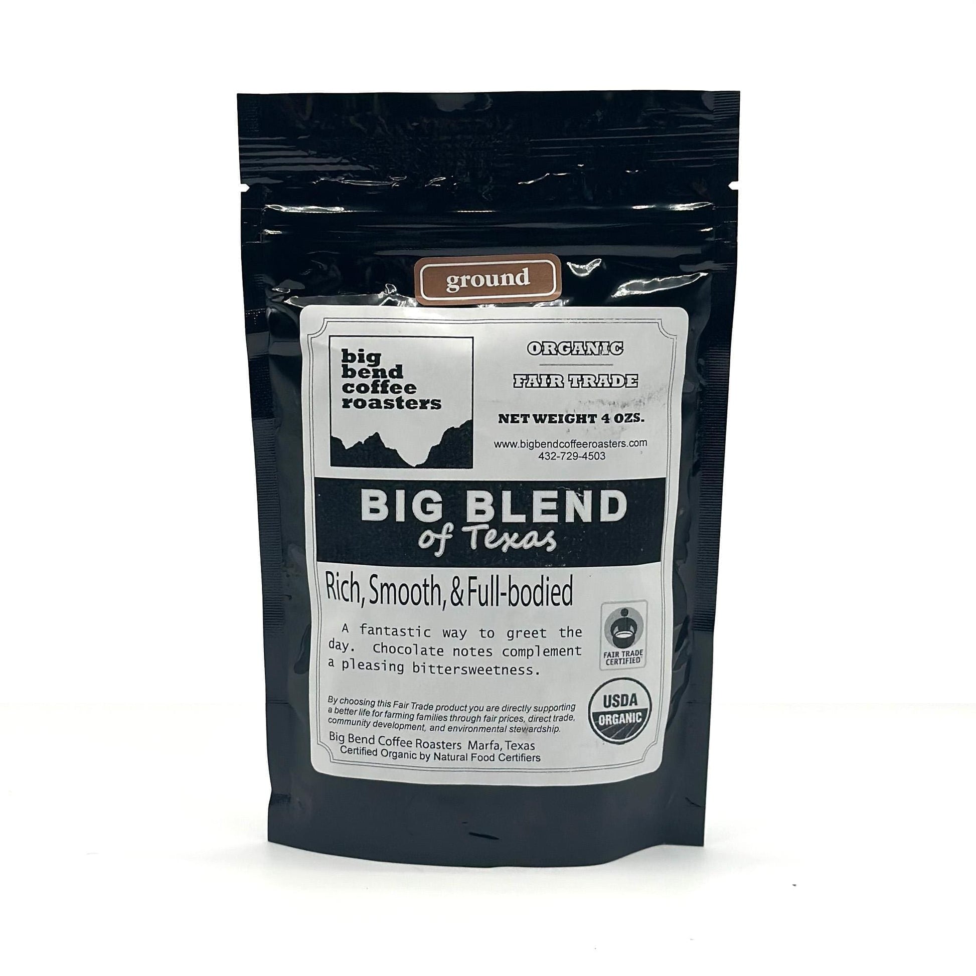 Front of the package of Big Bend Coffee Roasters Big Blend of Texas coffee.