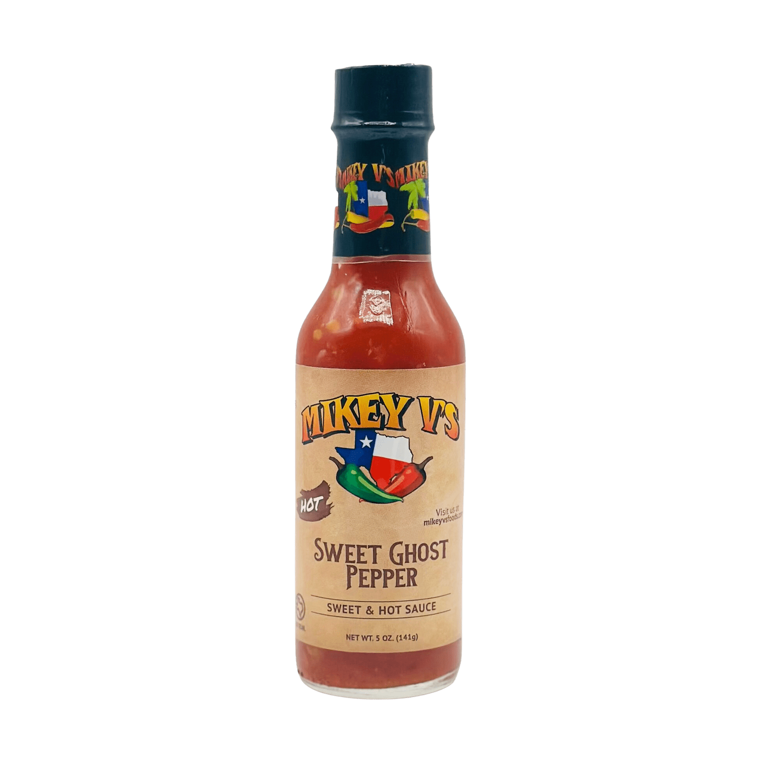 Front of the bottle of Mikey V's Ghost Pepper hot sauce, available for online purchase on Texas Treats.