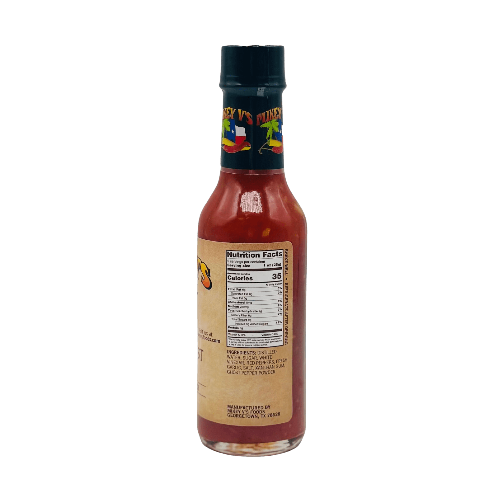 Side of the bottle of Mikey V's Ghost Pepper hot sauce, available for online purchase on Texas Treats.