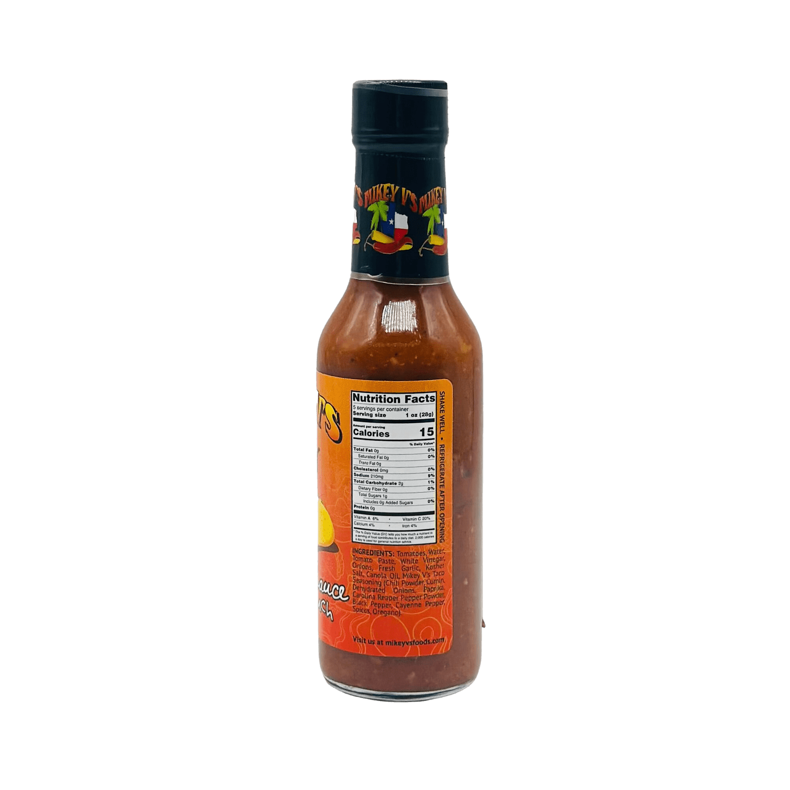 Back of the bottle of Mikey V's I Love Tacos hot sauce, available for online purchase on Texas Treats.