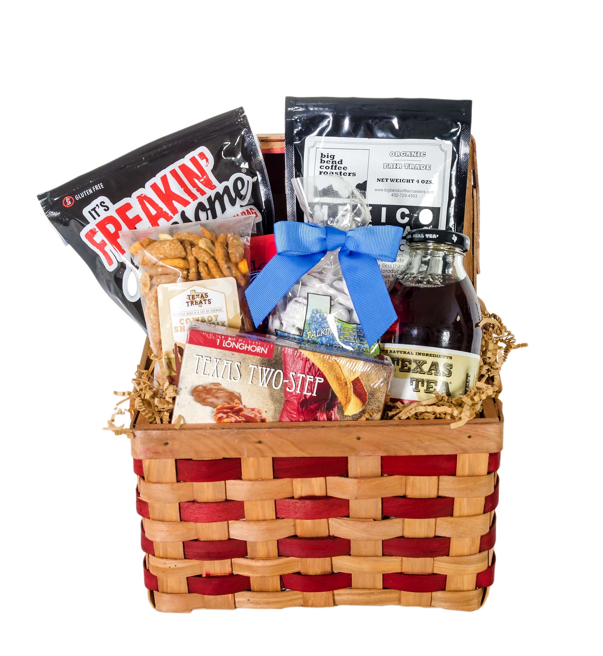 Items in the Wrangler gift basket packed into a wicker basket.